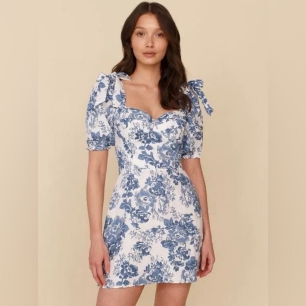 Reformation Spring Olympia Linen Dress Size 0 Blue & White Floral